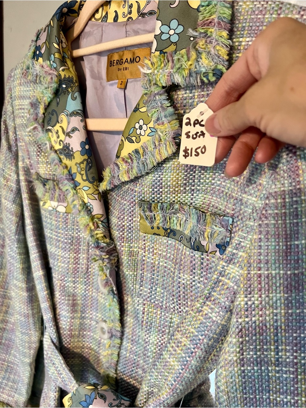 Bergamo Pastel Tweed Belted Blazer w Skirt in Lavender & Green - Picture 4 of 9